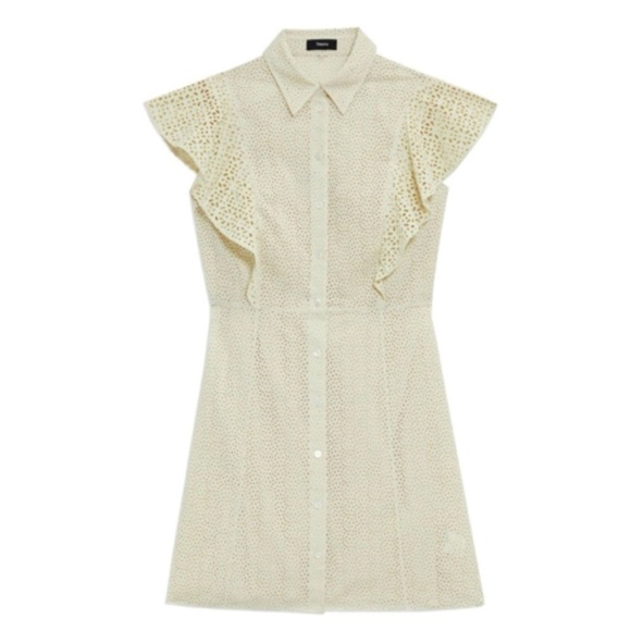 THEORY Nova Eyelet Ruffle Sleeve Button Down Mini Dress Shirtdress Size 4 NEW - Picture 5 of 10